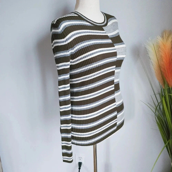 Theory, New, Wool Brown Multi-stripe Ribbed Lightweight Sweater, Size Medium - Picture 5 of 12